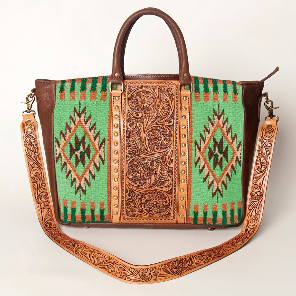 LC-ADBGA206 Wool Saddle Blanket Tote with Hand-Tooled Leather & Western Floral Strap