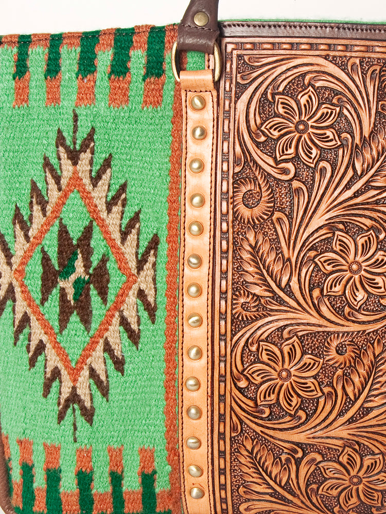 LC-ADBGA206 Wool Saddle Blanket Tote with Hand-Tooled Leather & Western Floral Strap