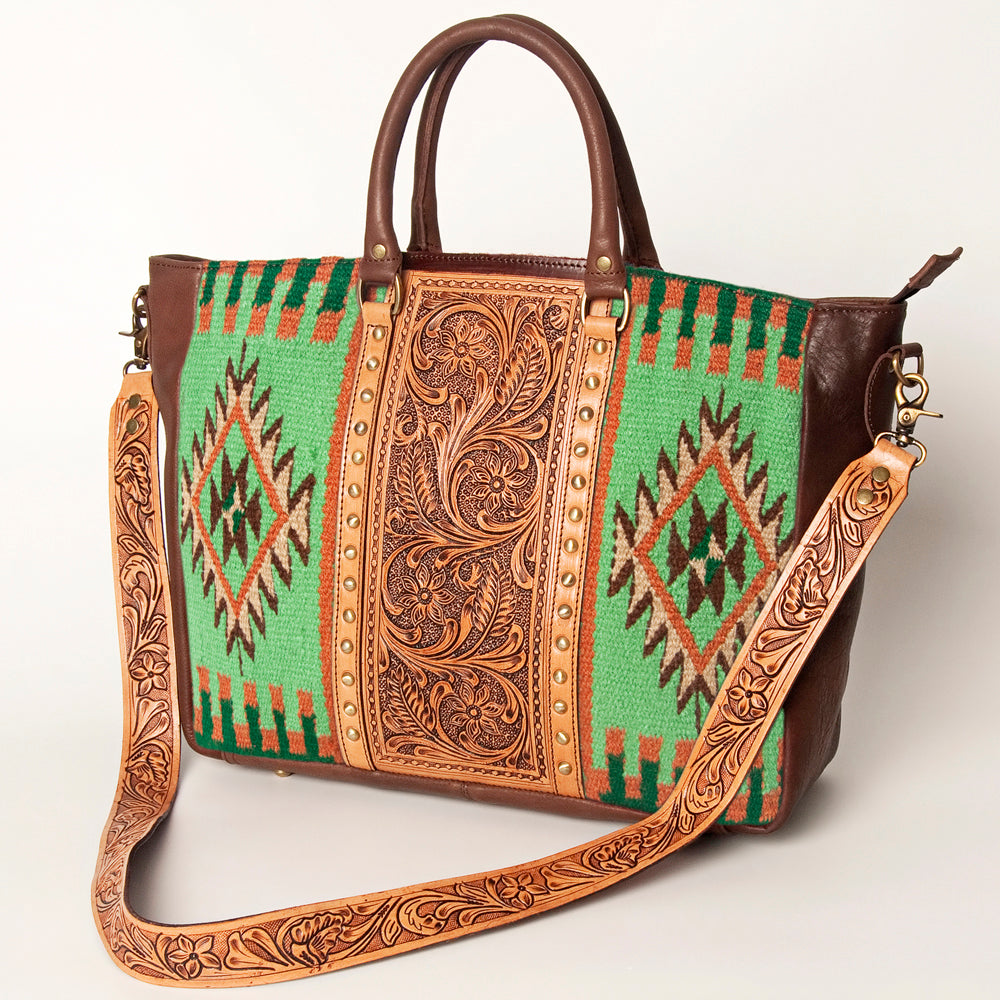 LC-ADBGA206 Wool Saddle Blanket Tote with Hand-Tooled Leather & Western Floral Strap