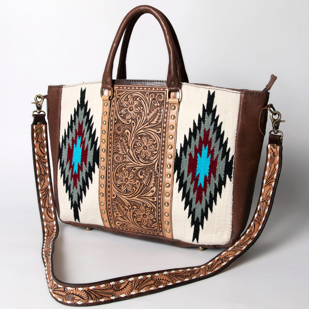 LC-ADBGA206 Wool Saddle Blanket Tote with Hand-Tooled Leather & Western Floral Strap