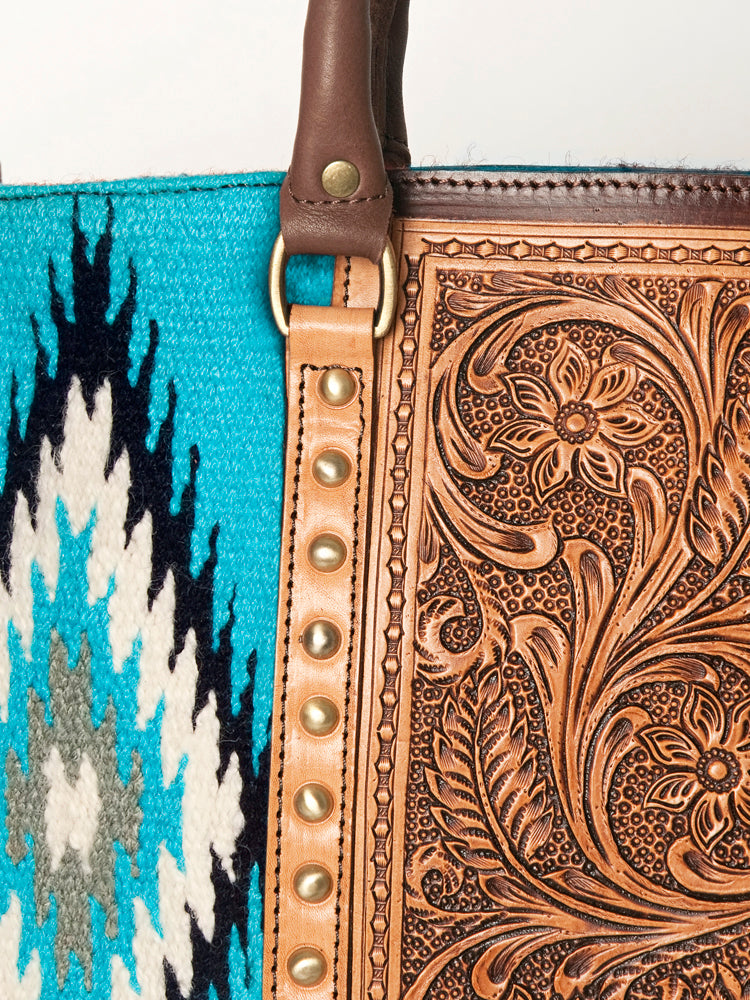 LC-ADBGA206 Wool Saddle Blanket Tote with Hand-Tooled Leather & Western Floral Strap