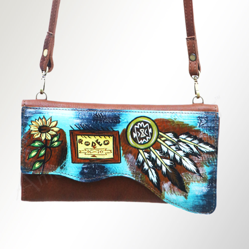 LC-ADBGM179R15 Hand-Painted Leather Crossbody Clutch - Rodeo Dreamcatcher & Sunflower Art