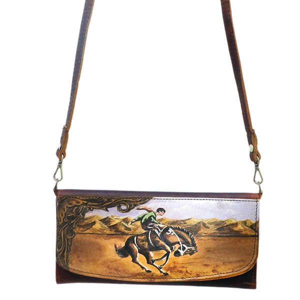 LC-ADBGM112R23 Hand-Painted Leather Crossbody Clutch - Bronc Rider Rodeo Scene