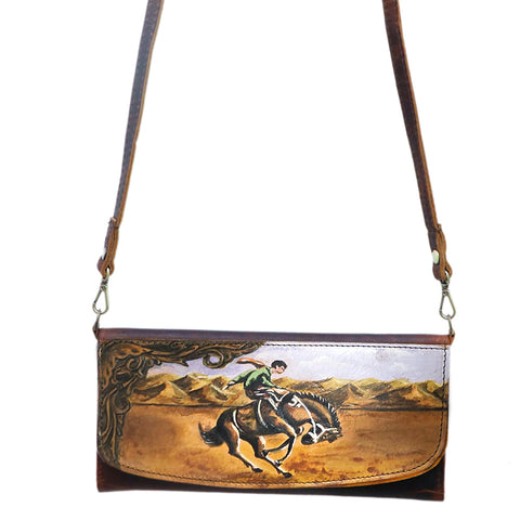 Hand-Painted Leather Crossbody Clutch - Western Design