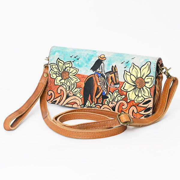 LC-ADBGM169DR8 Hand-Painted Leather Crossbody Purse - Cowgirl & Sunflower Western Scene