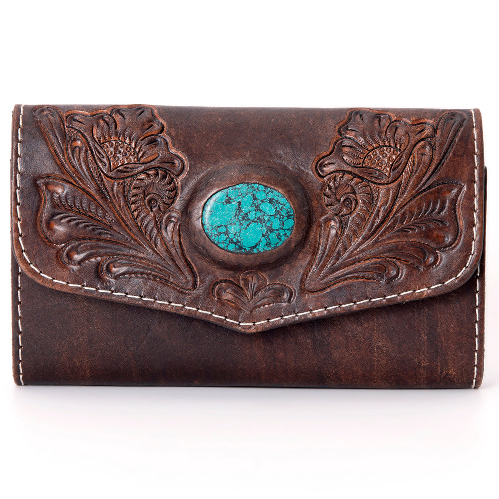 LC-ADBGH105A Tooled Leather Western Wallet - Turquoise Stone Inlay & Floral Design