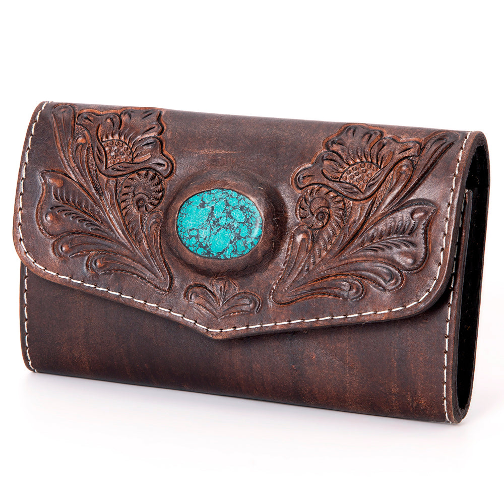 LC-ADBGH105A Tooled Leather Western Wallet - Turquoise Stone Inlay & Floral Design