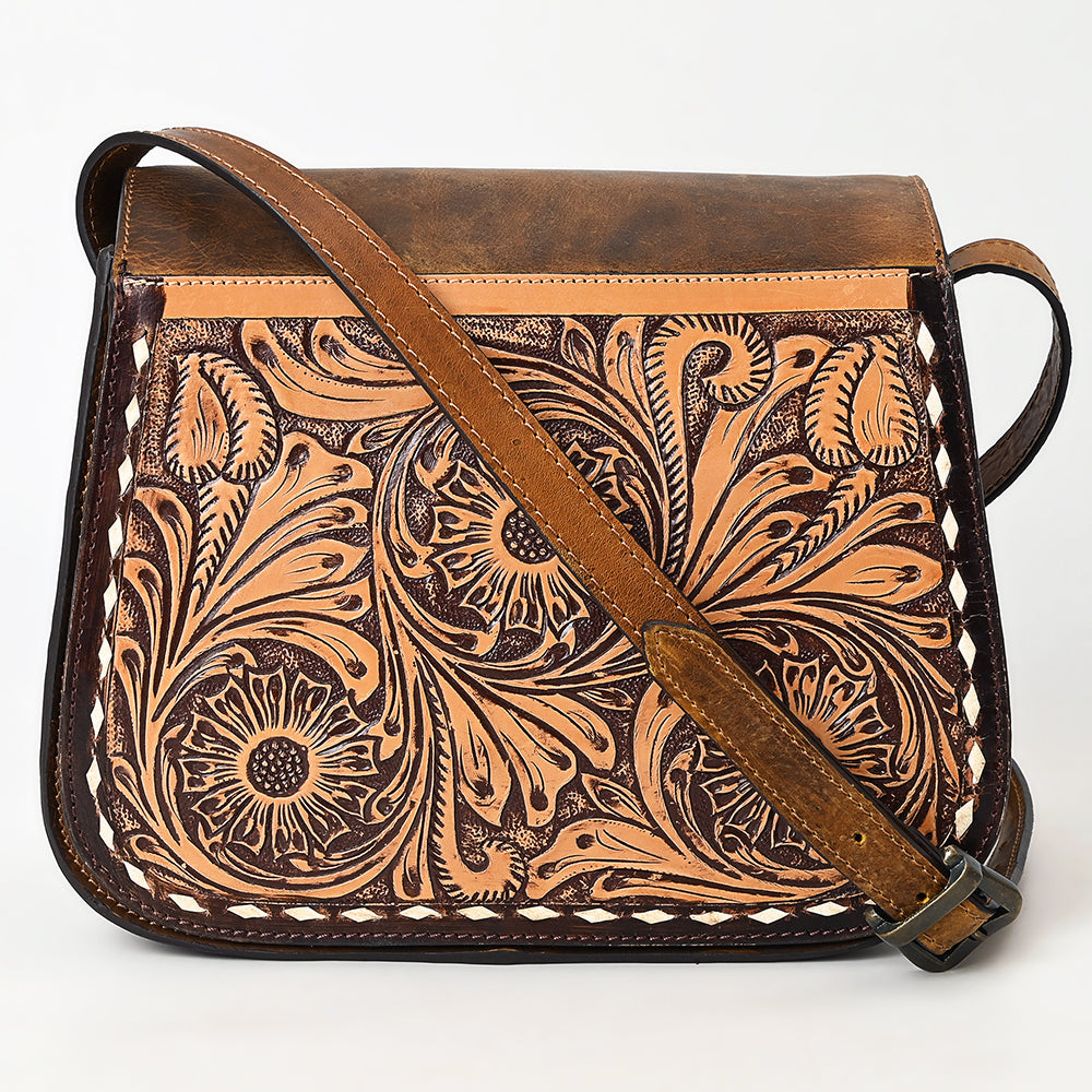 LC-ADBGZ409A Tooled Leather Crossbody Flap Bag - Western Floral Saddle Purse