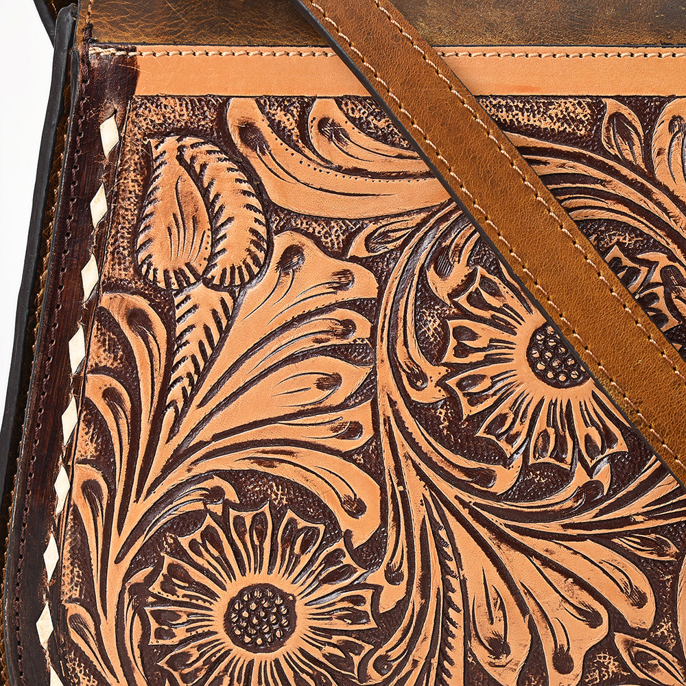 LC-ADBGZ409A Tooled Leather Crossbody Flap Bag - Western Floral Saddle Purse
