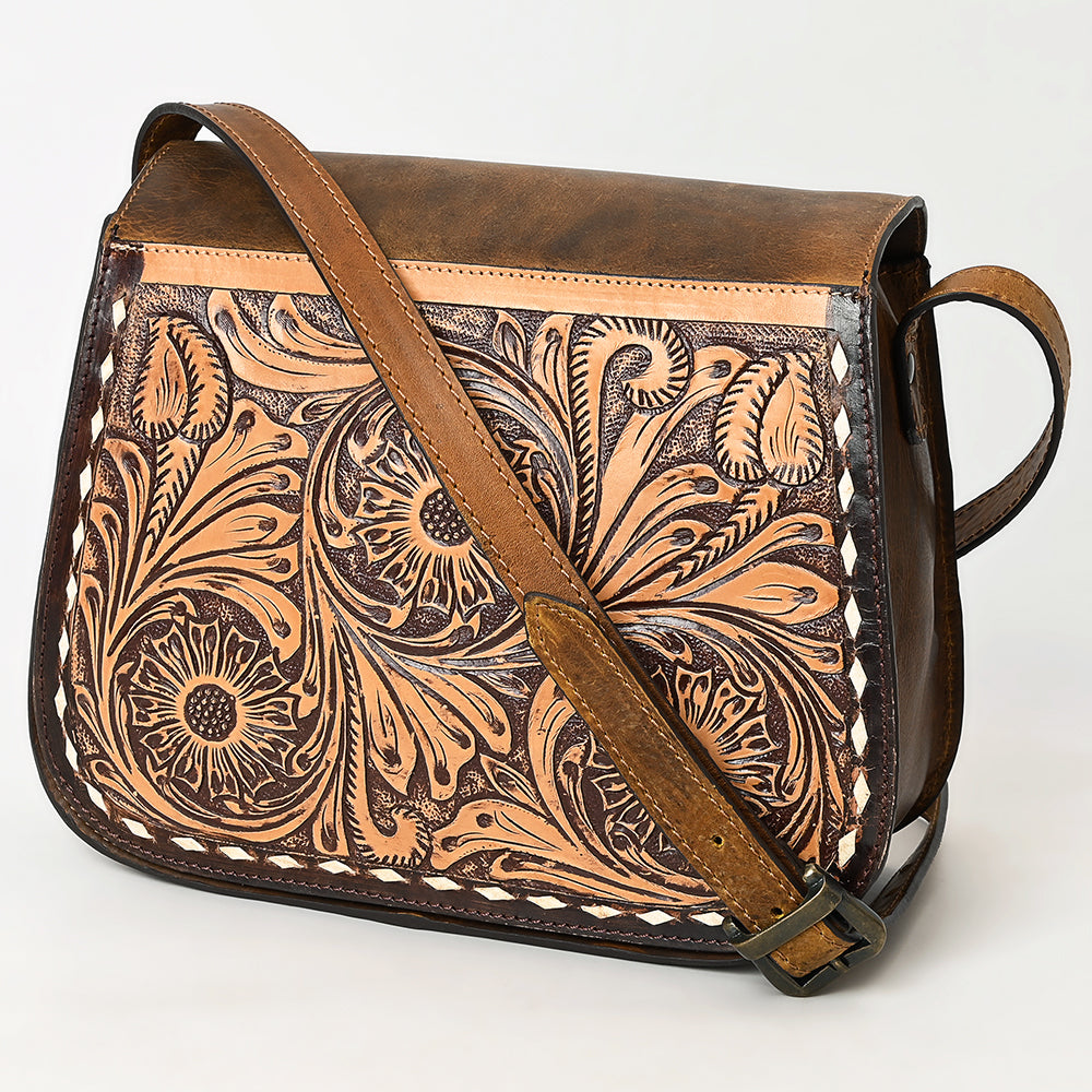 LC-ADBGZ409A Tooled Leather Crossbody Flap Bag - Western Floral Saddle Purse