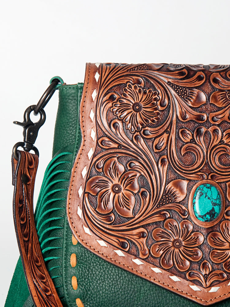 LC-ADBGZ479 Green Leather Western Fringe Messenger Bag - Hand-Tooled Floral Flap with Turquoise Accent