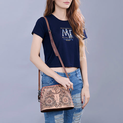 American Darling Hand Tooled Western Leather Crossbody - Floral Carved Full Grain Leather