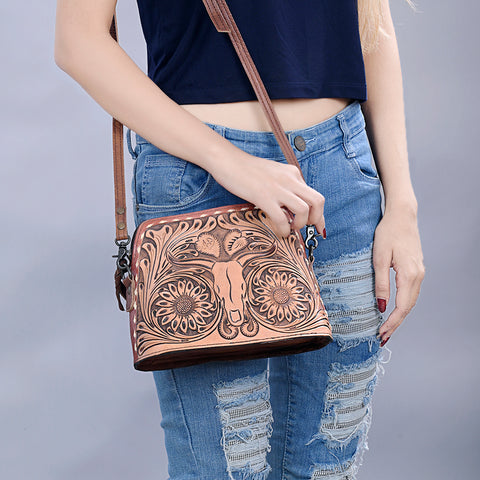 American Darling Hand Tooled Western Leather Crossbody - Floral Carved Full Grain Leather