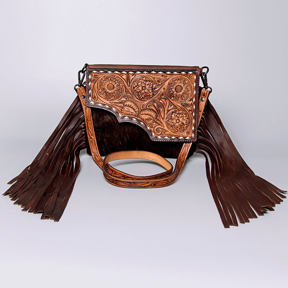 LC-ADBGZ279A Tooled Leather Flap Bag - Hair-On Hide Western Crossbody with Fringe