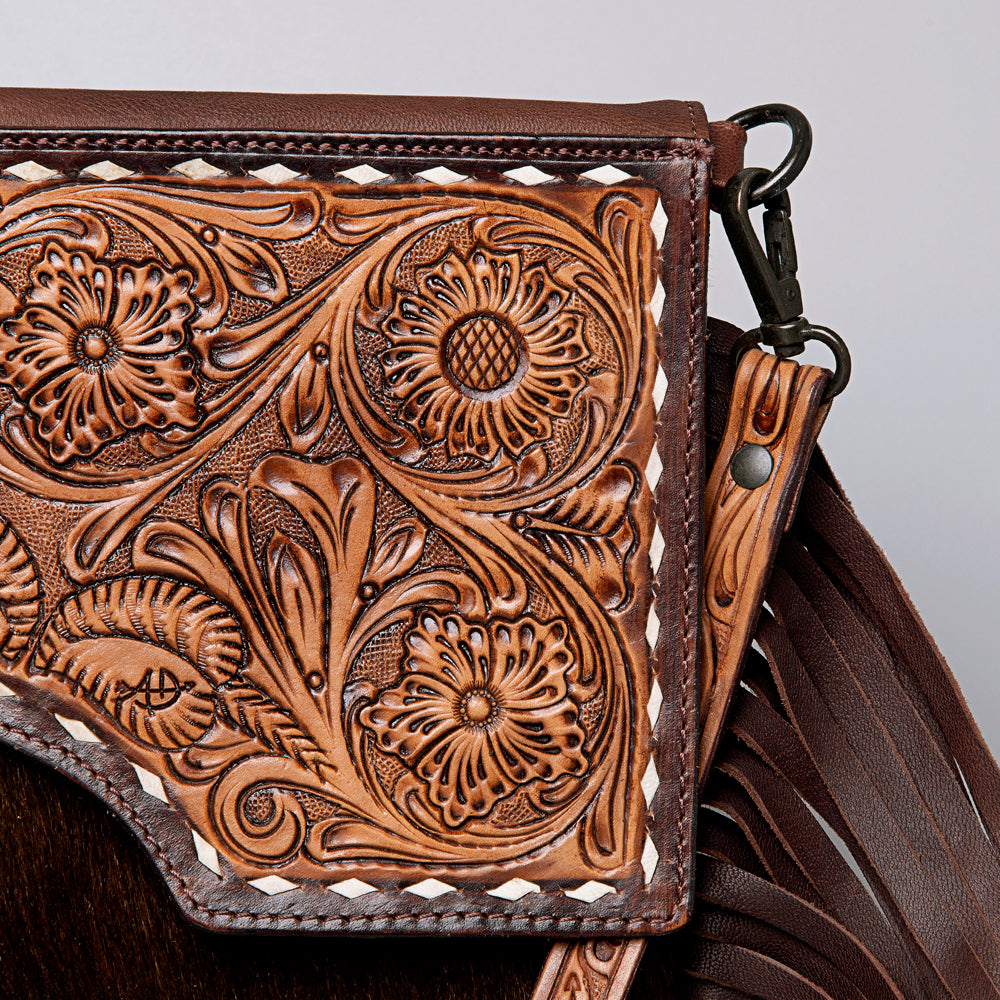 LC-ADBGZ279A Tooled Leather Flap Bag - Hair-On Hide Western Crossbody with Fringe
