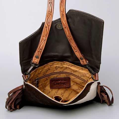 LC-ADBGZ279A Tooled Leather Flap Bag - Hair-On Hide Western Crossbody with Fringe