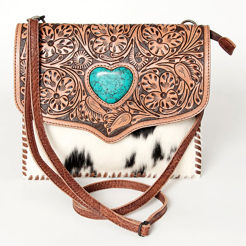 American Darling Western Leather Cross body Bag - Hand Tooled Floral & Hair on Hide