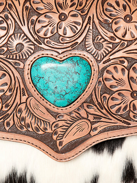 American Darling Western Leather Cross body Bag - Hand Tooled Floral & Hair on Hide