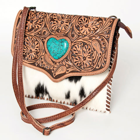 American Darling Western Leather Cross body Bag - Hand Tooled Floral & Hair on Hide