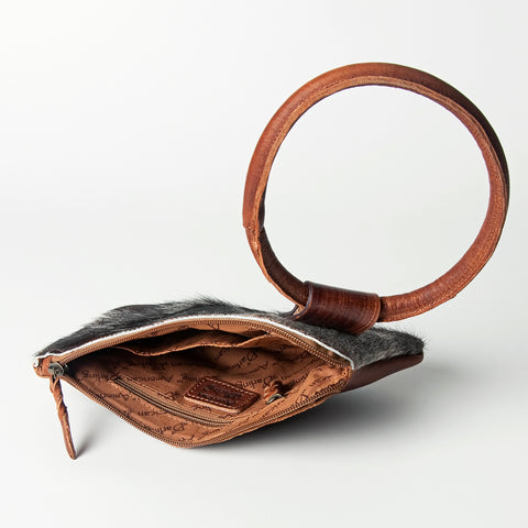 ADBGZ335 Black & White Cowhide Wristlet - Hair-On Hide Clutch with Tooled Leather Detail
