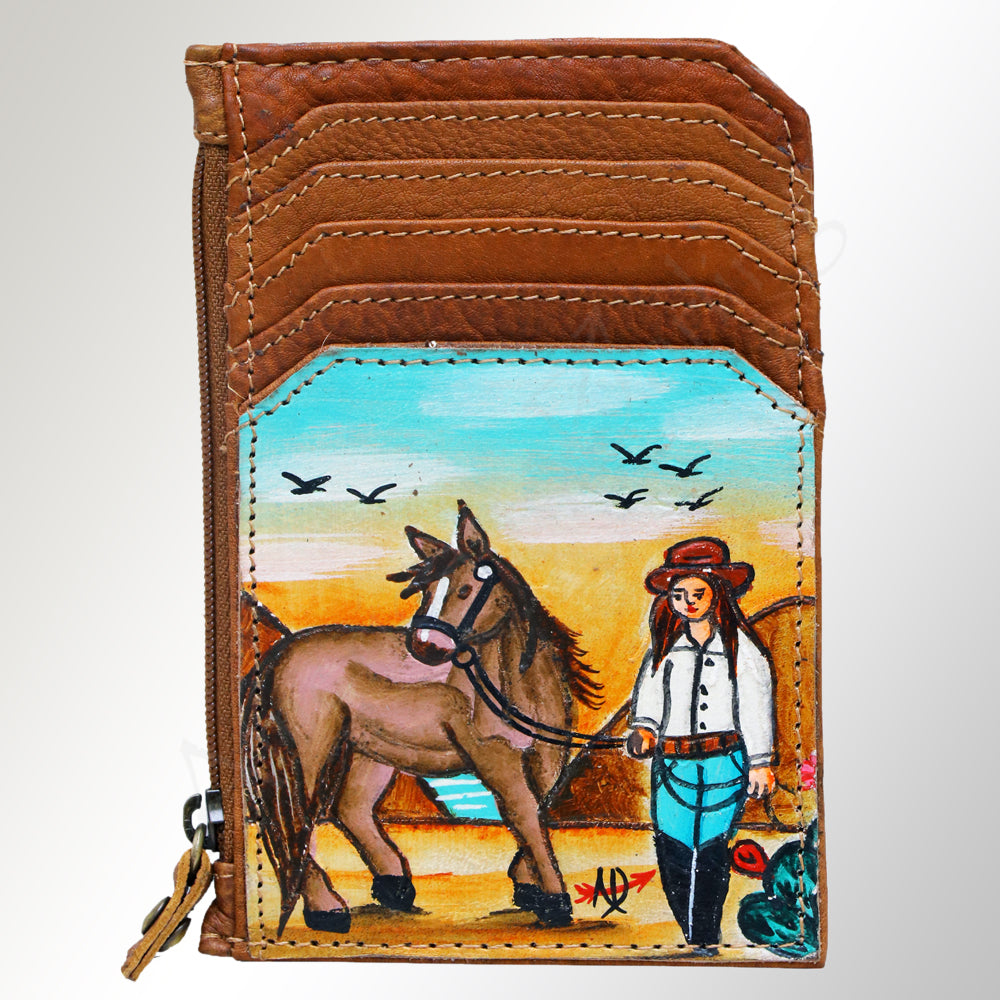 ADCCM101 Hand-Painted Leather Card Holder - Western Scene with Zipper