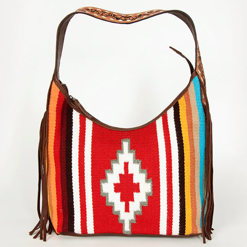 American Darling Hand-Woven Saddle Blanket Hobo Bag Hand Tooled Leather Fringe