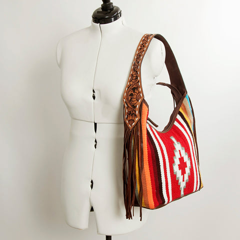 American Darling Hand-Woven Saddle Blanket Hobo Bag Hand Tooled Leather Fringe