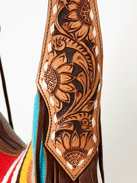 American Darling Hand-Woven Saddle Blanket Hobo Bag Hand Tooled Leather Fringe