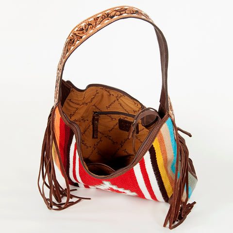 American Darling Hand-Woven Saddle Blanket Hobo Bag Hand Tooled Leather Fringe
