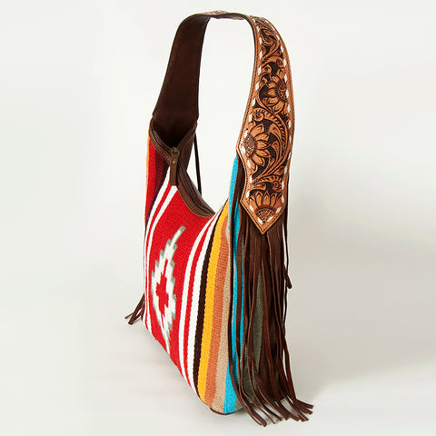 American Darling Hand-Woven Saddle Blanket Hobo Bag Hand Tooled Leather Fringe