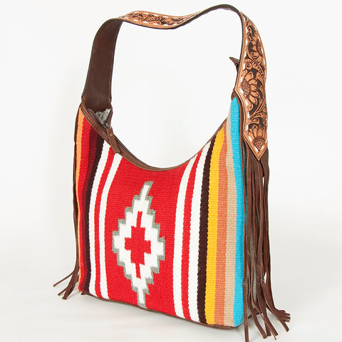 American Darling Hand-Woven Saddle Blanket Hobo Bag Hand Tooled Leather Fringe