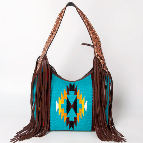 American Darling Hand-Woven Saddle Blanket Hobo Bag Hand Tooled Leather Fringe