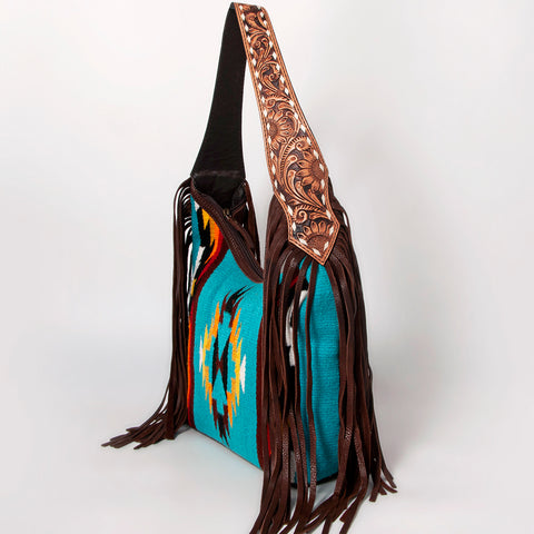 American Darling Hand-Woven Saddle Blanket Hobo Bag Hand Tooled Leather Fringe
