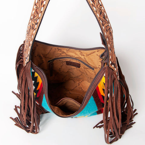 American Darling Hand-Woven Saddle Blanket Hobo Bag Hand Tooled Leather Fringe