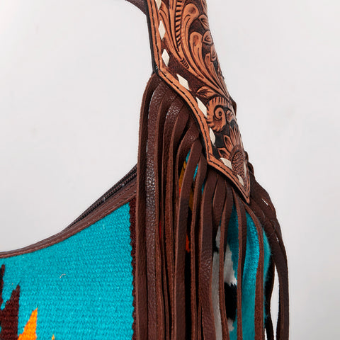 American Darling Hand-Woven Saddle Blanket Hobo Bag Hand Tooled Leather Fringe