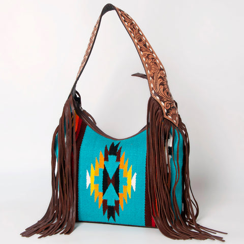 American Darling Hand-Woven Saddle Blanket Hobo Bag Hand Tooled Leather Fringe