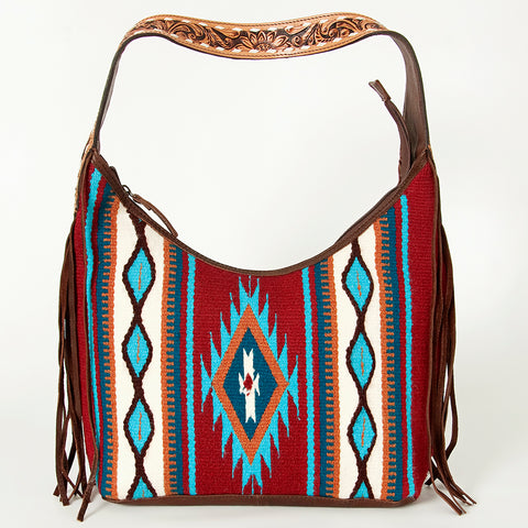 American Darling Hand-Woven Saddle Blanket Hobo Bag Hand Tooled Leather Fringe