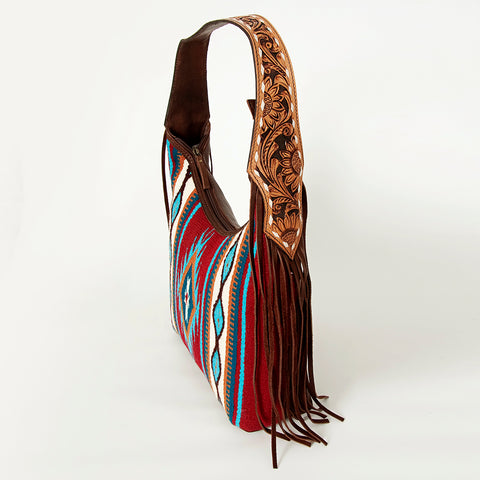 American Darling Hand-Woven Saddle Blanket Hobo Bag Hand Tooled Leather Fringe