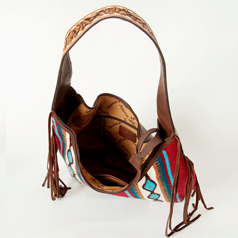 American Darling Hand-Woven Saddle Blanket Hobo Bag Hand Tooled Leather Fringe