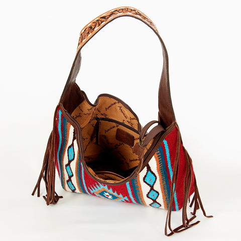 American Darling Hand-Woven Saddle Blanket Hobo Bag Hand Tooled Leather Fringe