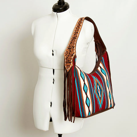 American Darling Hand-Woven Saddle Blanket Hobo Bag Hand Tooled Leather Fringe