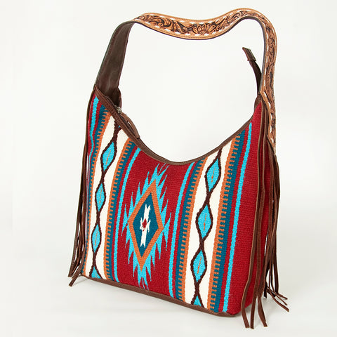 American Darling Hand-Woven Saddle Blanket Hobo Bag Hand Tooled Leather Fringe