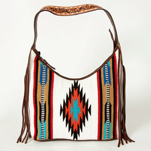 American Darling Hand-Woven Saddle Blanket Hobo Bag Hand Tooled Leather Fringe