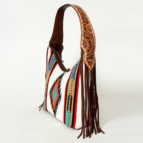 American Darling Hand-Woven Saddle Blanket Hobo Bag Hand Tooled Leather Fringe
