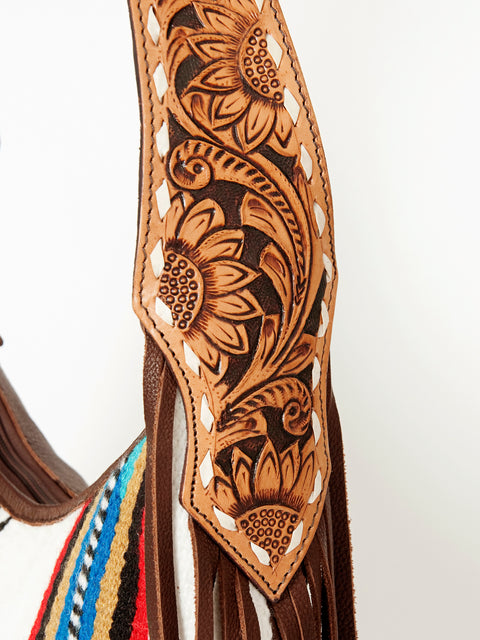 American Darling Hand-Woven Saddle Blanket Hobo Bag Hand Tooled Leather Fringe