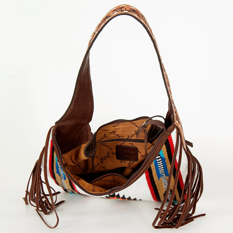 American Darling Hand-Woven Saddle Blanket Hobo Bag Hand Tooled Leather Fringe