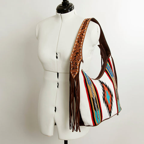 American Darling Hand-Woven Saddle Blanket Hobo Bag Hand Tooled Leather Fringe