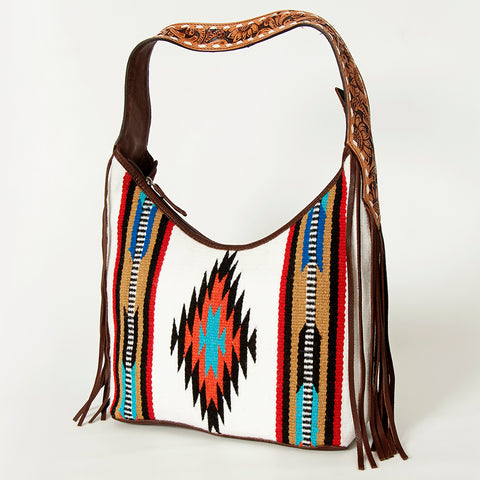 American Darling Hand-Woven Saddle Blanket Hobo Bag Hand Tooled Leather Fringe