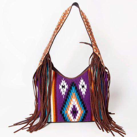 American Darling Hand-Woven Saddle Blanket Hobo Bag Hand Tooled Leather Fringe