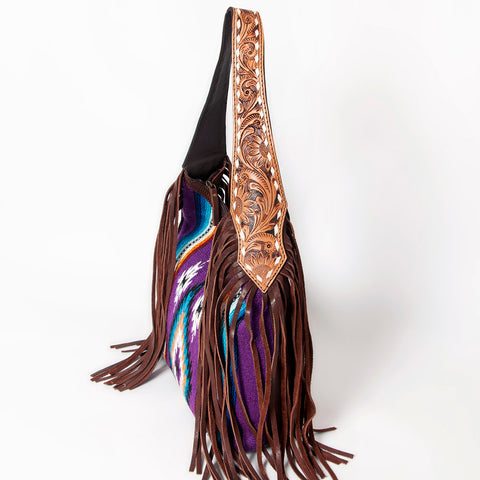American Darling Hand-Woven Saddle Blanket Hobo Bag Hand Tooled Leather Fringe